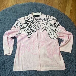 Ming Wang Pink & Black Leaf Print Open Front Cardigan Sweater Size L